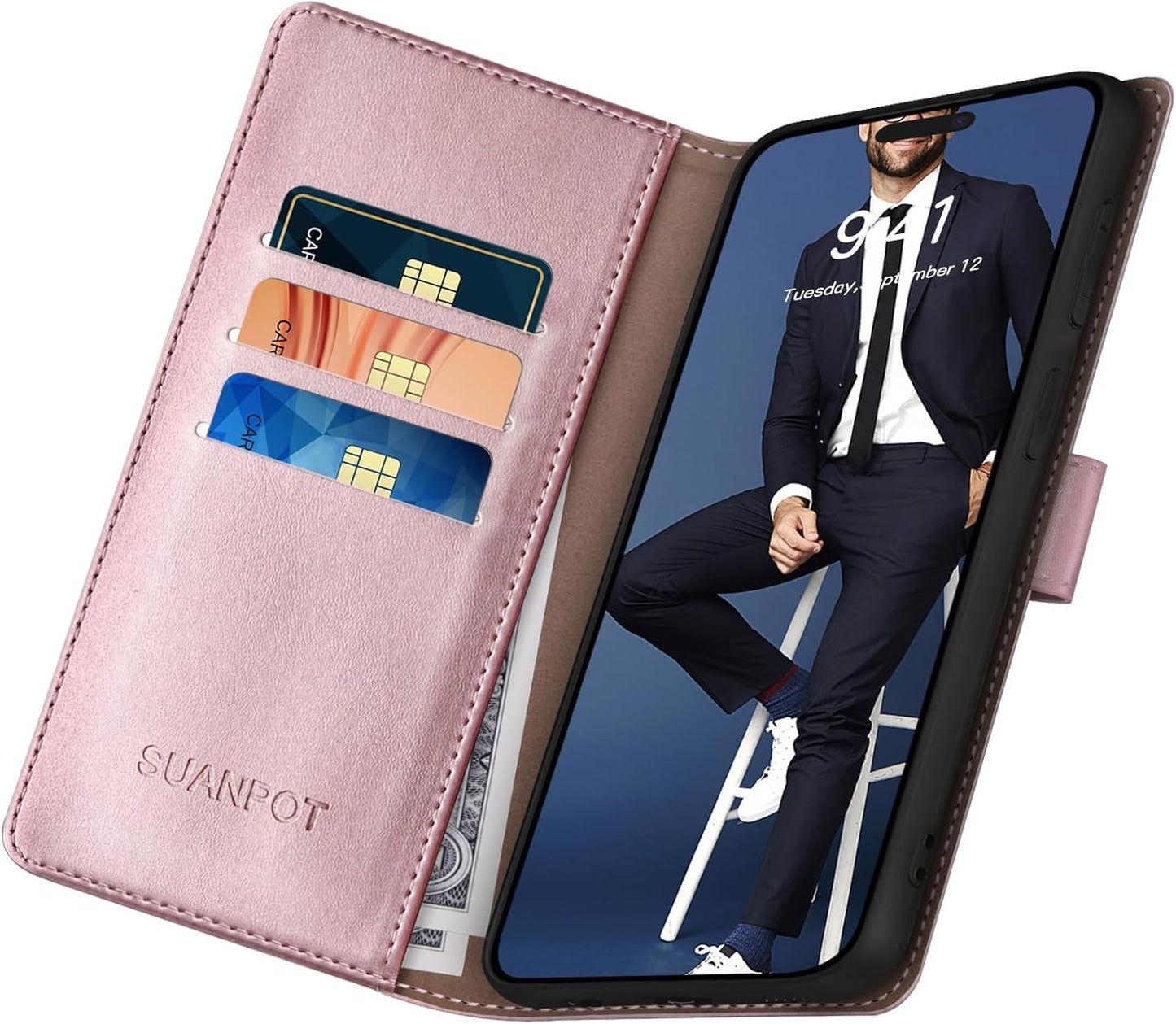 SUANPOT Compatible with iPhone 17 Pro Max 6.9" Wallet case with RFID Blocking Credit Card Holder,Flip Book PU Leather Protective Cover Women Men for Apple 17 Pro Max Phone case Rose Gold