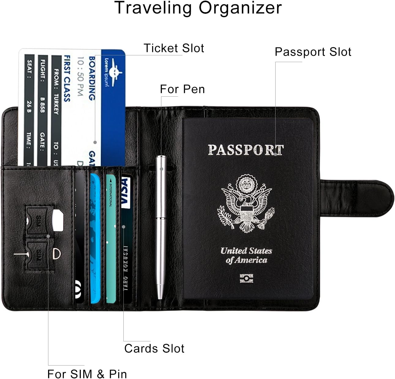 WALNEW Passport Holder for Travel, RFID Passport Cover Wallet for Women Men, PU Leather Passport Book Card Holder Case with Pen, Travelling Essentials for Flying