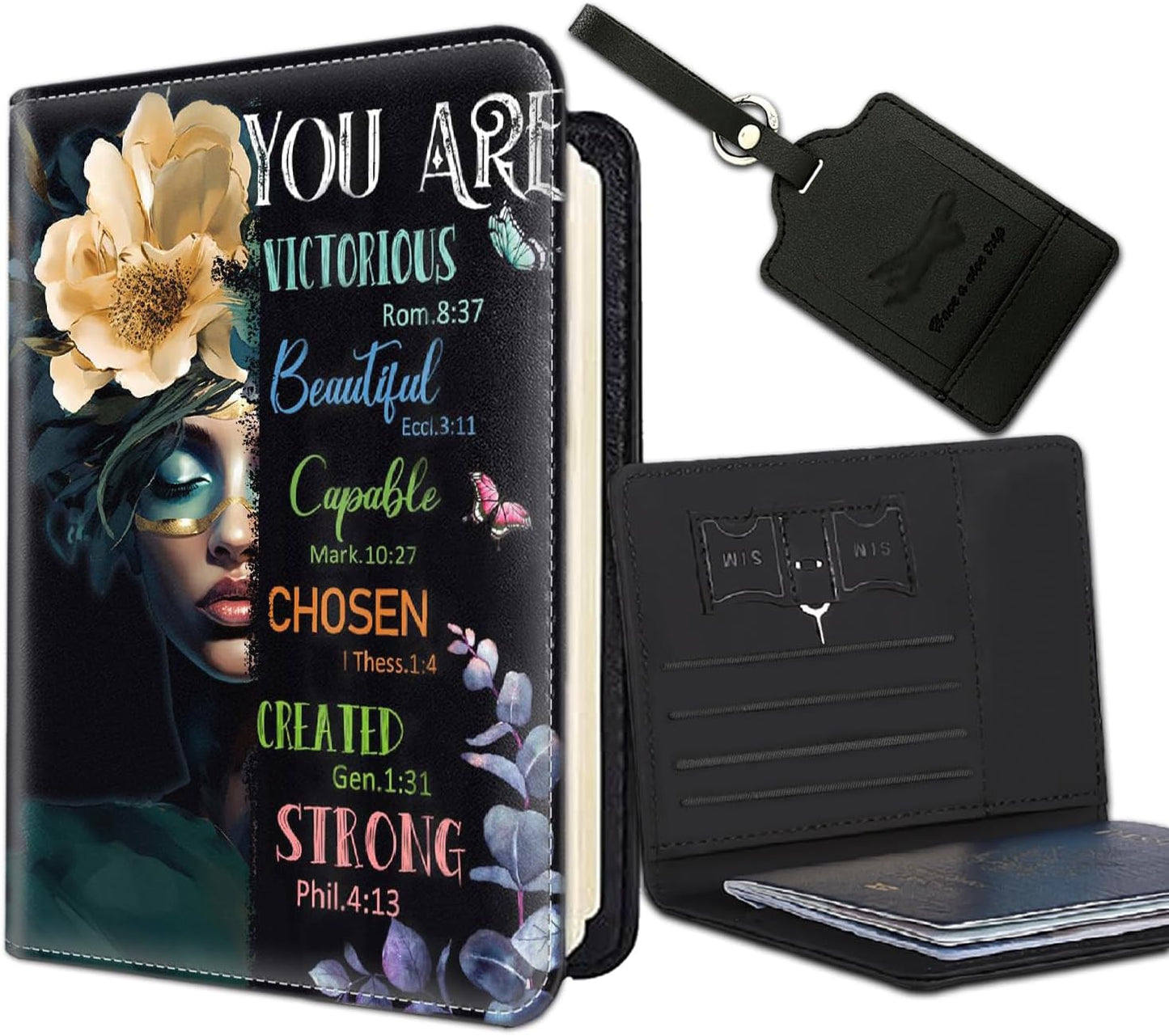 Passport Holder Women Wallet with Luggage Tag, Leather Passport Cover with RFID Blocking, Travel Accessories Multi Card Slot Passport Case for Men，African Girl Inspirational Quotes Flowers