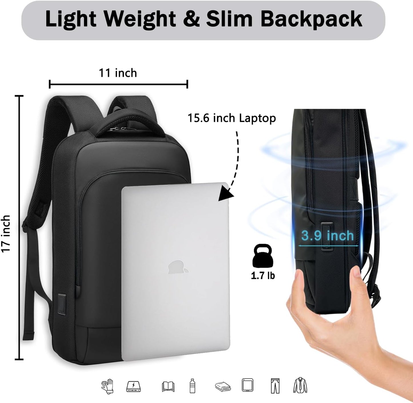 Slim Laptop Backpack for Men, Business Backpack with Charging Port, Tech Backpack for 15.6 inch Laptop for Work Office (Black)