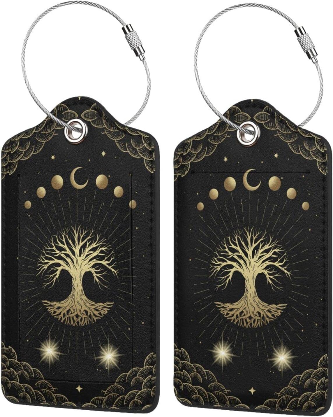 Magic Moon Tree Luggage Tags Set of 2 Leather Stainless Steel Loop Label Tag for Travel Bag Suitcase