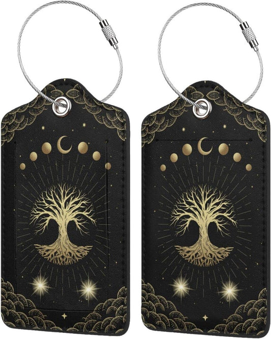 Magic Moon Tree Luggage Tags Set of 2 Leather Stainless Steel Loop Label Tag for Travel Bag Suitcase