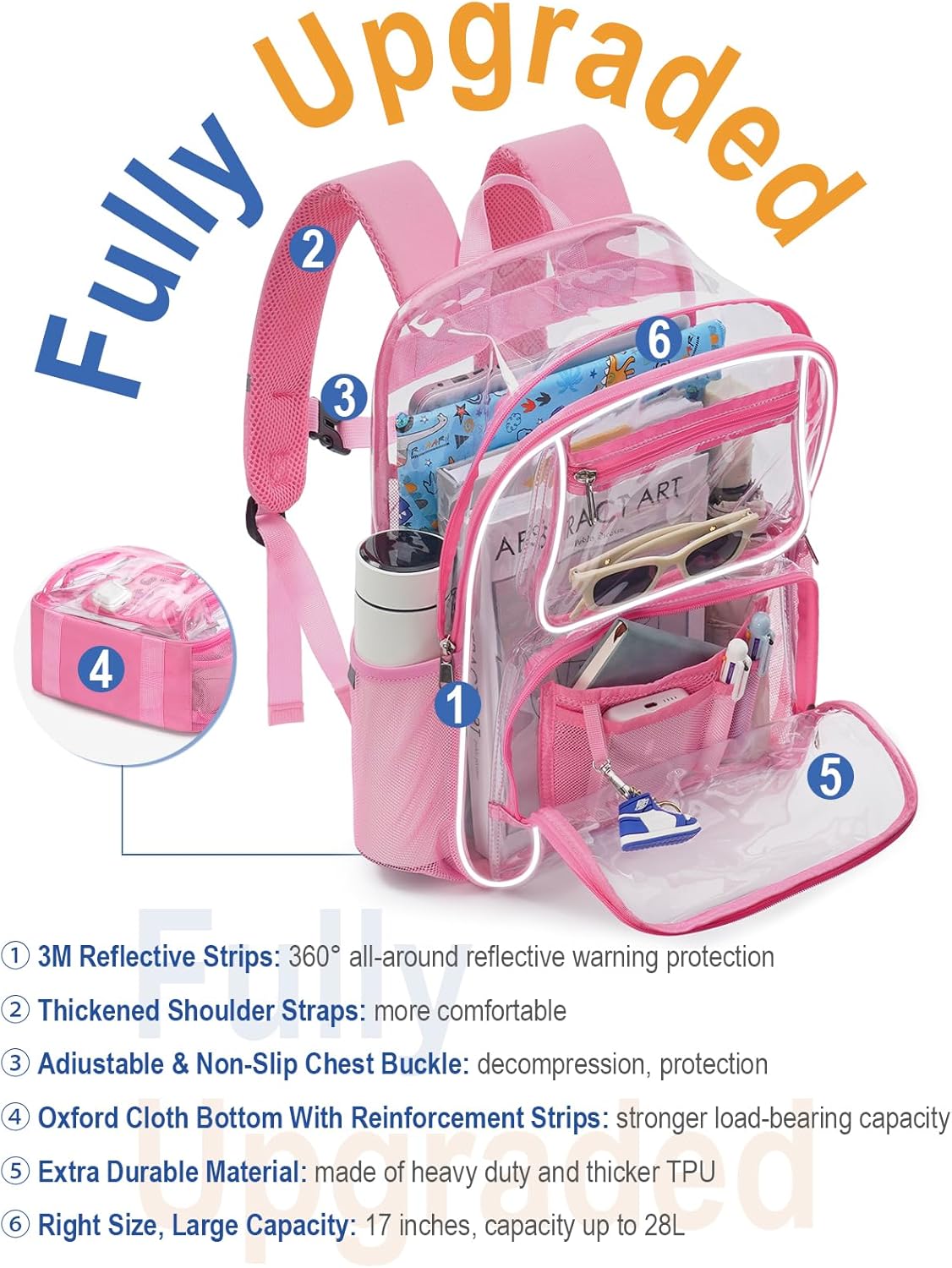 Heavy Duty Clear Backpack For Kids Women Men Boys Girls, 17 Inch Large See Through Backpack, 360° 3M Reflective Strips Clear Bookbag, Transparent Bag For School College Sport Work Security, Pink