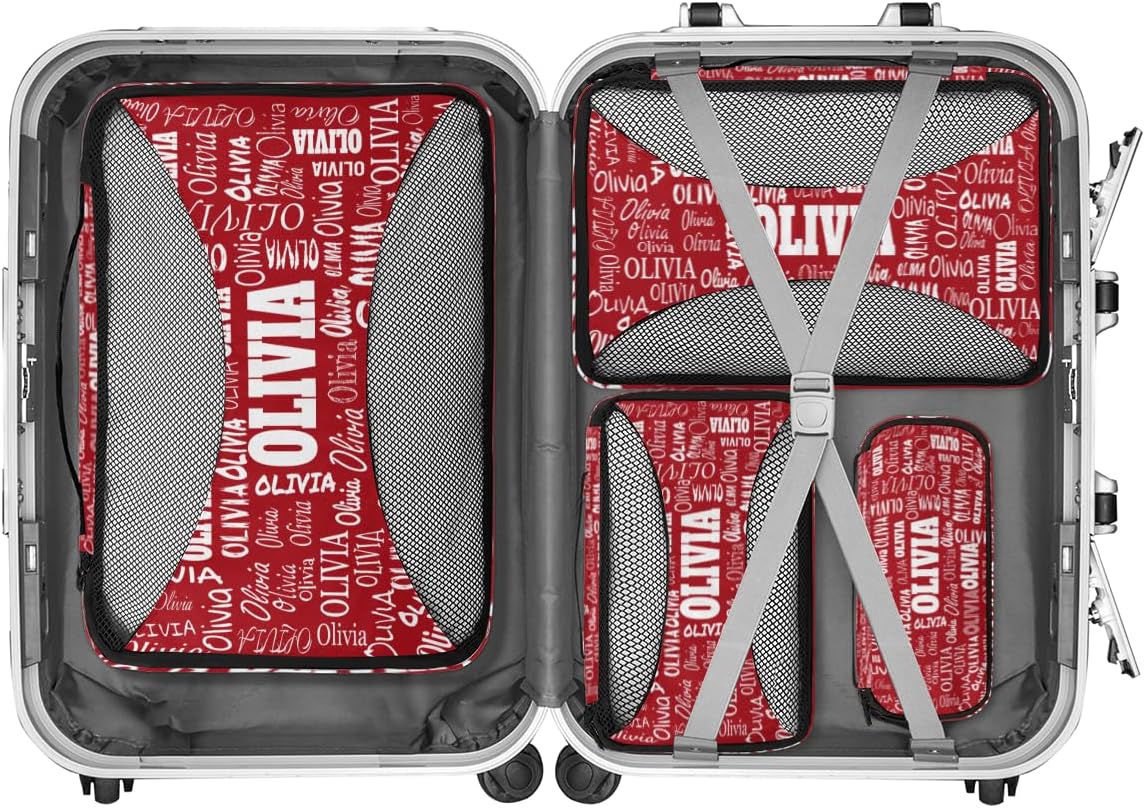 Custom Name 4 Pcs set travel luggage organizer Mesh Travel Essentials for Suitcases, Red