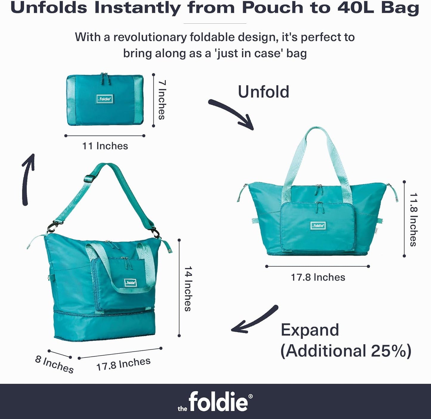 The Foldie Foldable Travel Bag for Women - 40L Weekender Bag with Multiple Pockets - Carry On Expendable Travel Bag