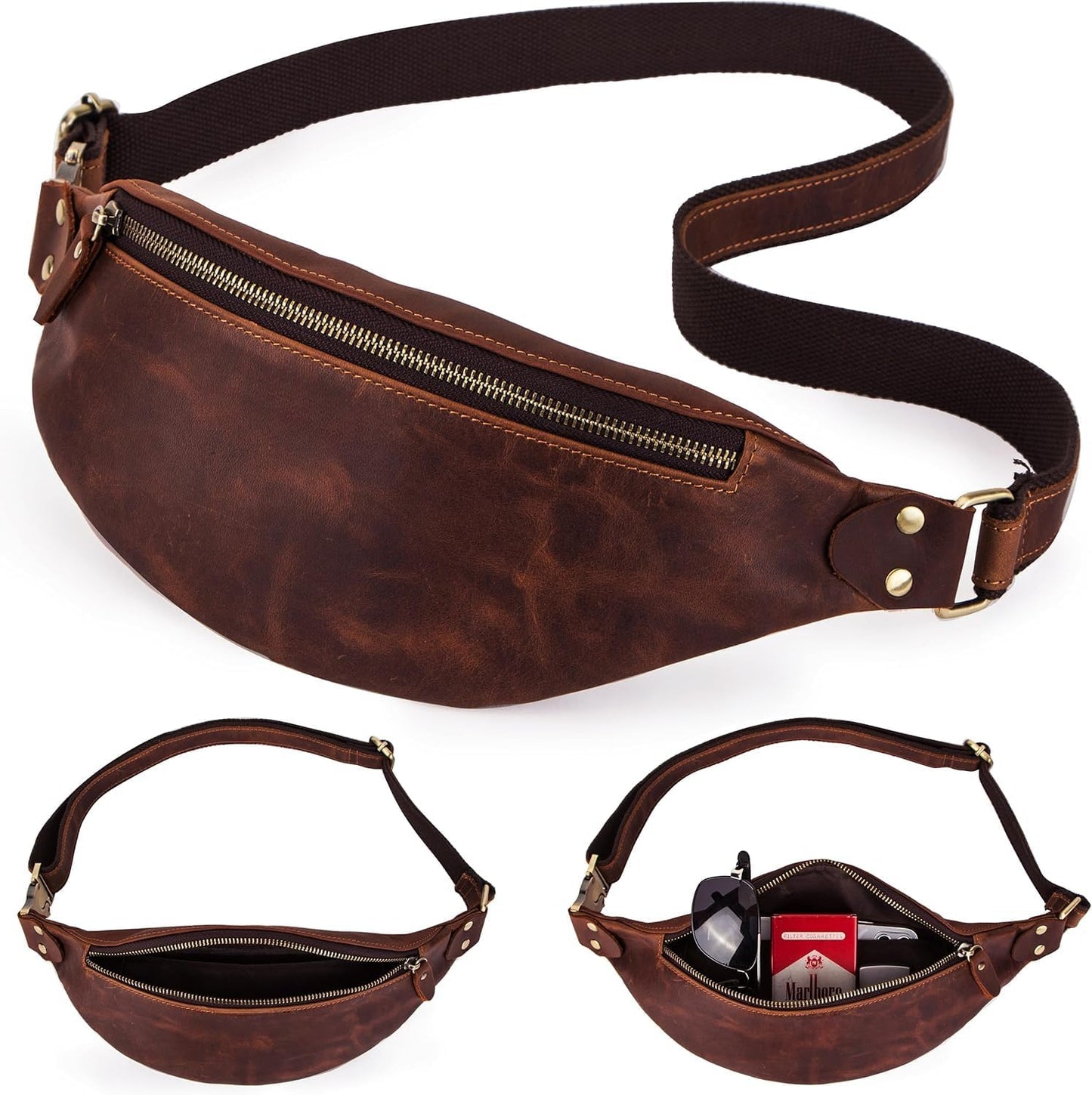 Slim Genuine Leather Waist Pack for Men Women Vintage Crossbody Fanny Pack Travel Riding Detachable Belt Bag (Red Coffee)