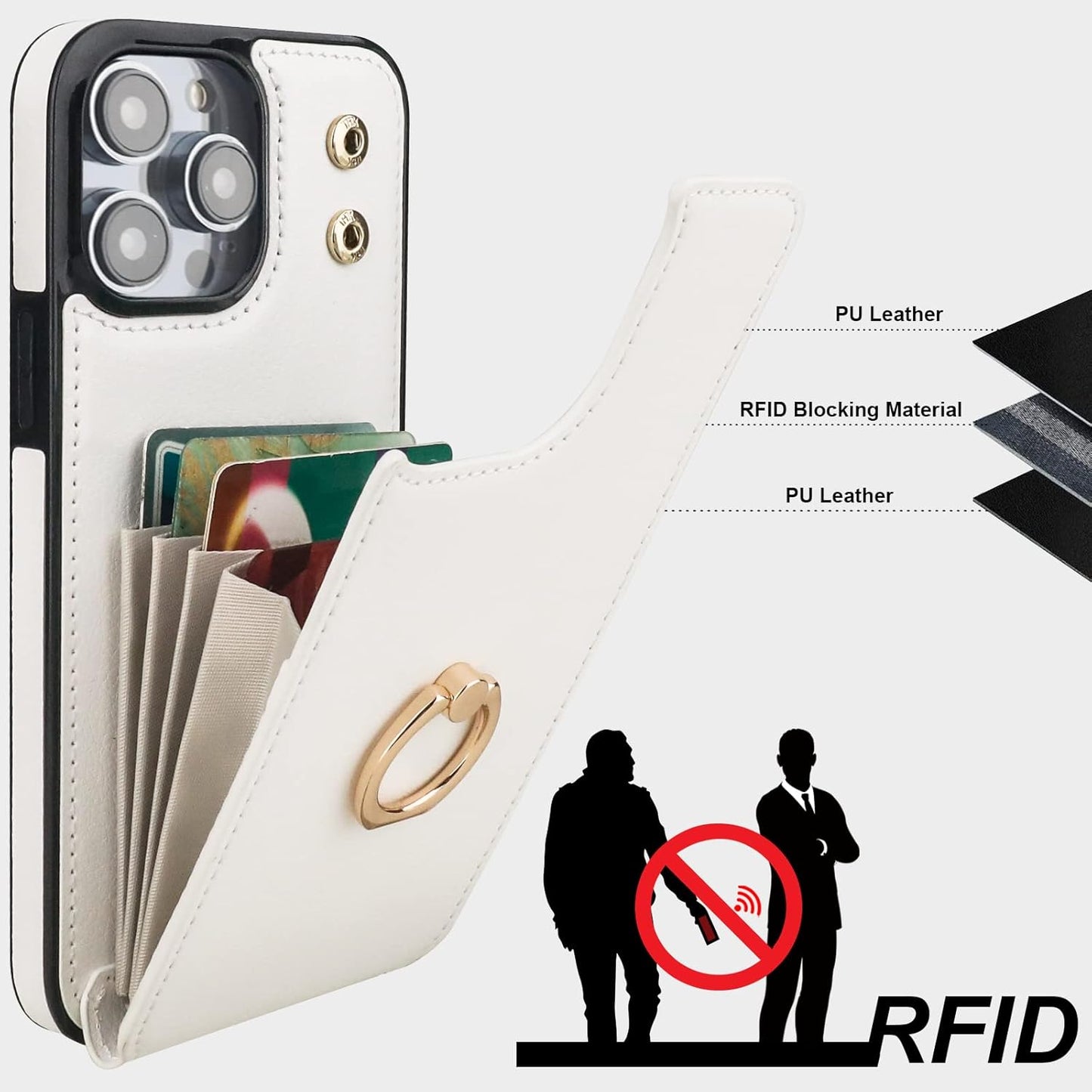 Folosu Compatible with iPhone 14 Pro Case Wallet with Card Holder, 360°Rotation Finger Ring Holder Kickstand, RFID Blocking Leather Protective Double Buttons Shockproof Cover 6.1 Inch White
