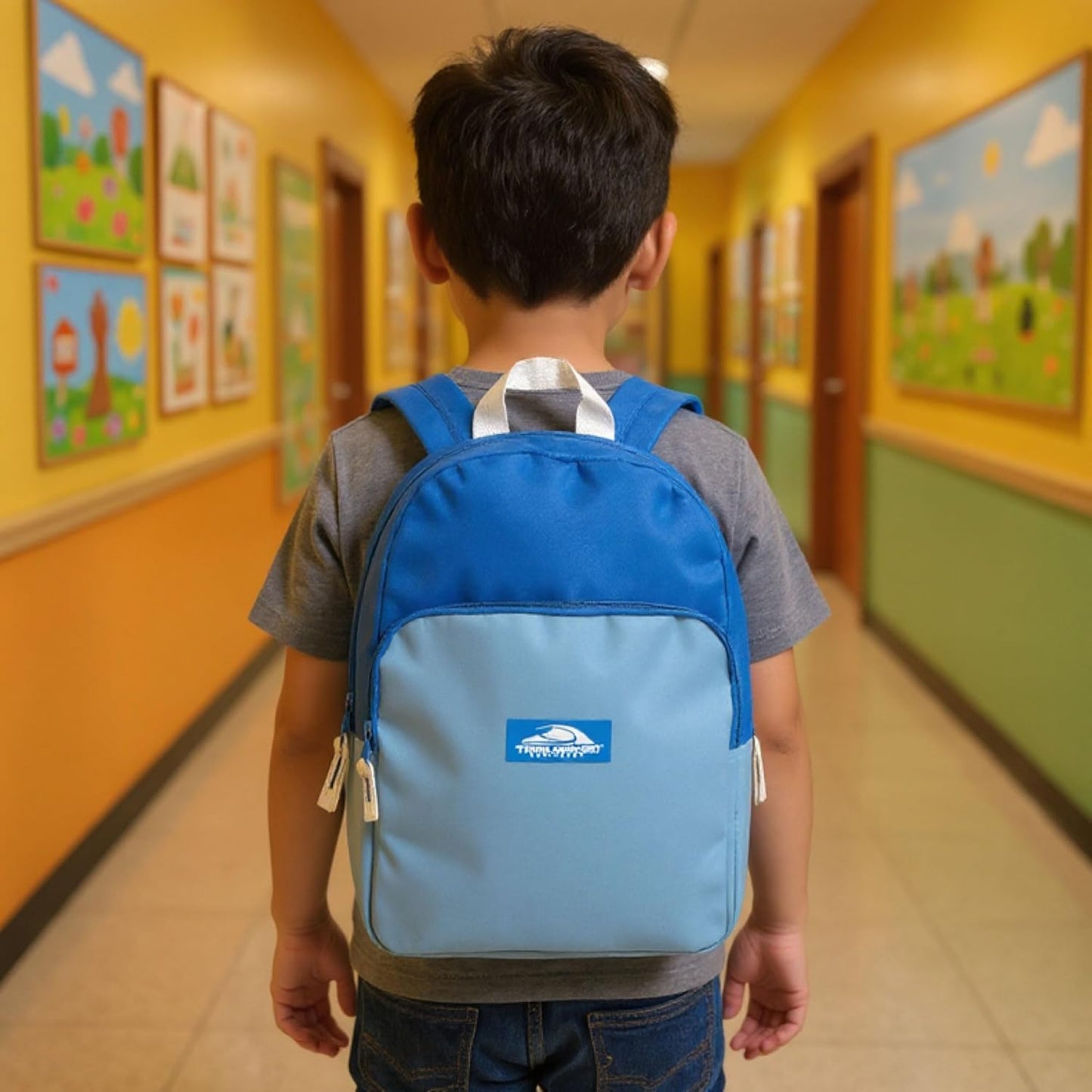 Color Block Backpacks for School Boys and Girls, 15 Inch Two Tone Colorful Small Travel Backpack for Kids (Blue)