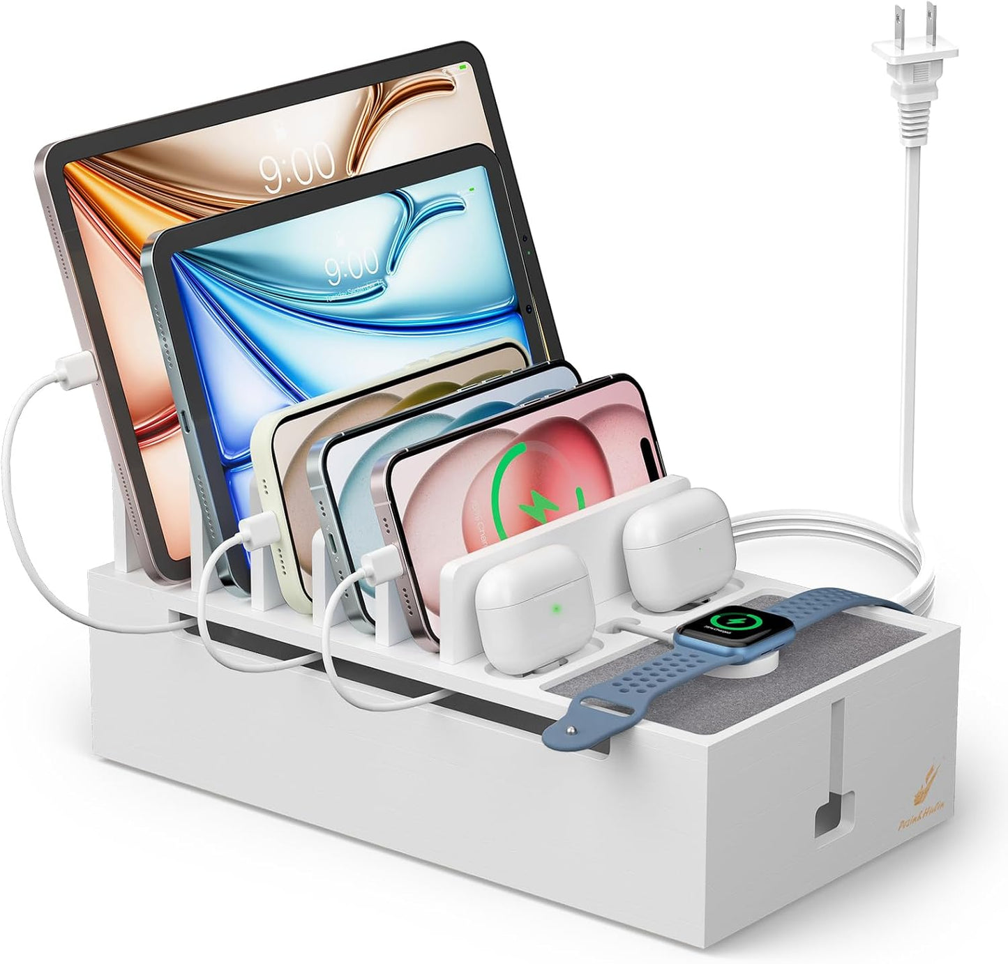Pezin & Hulin Bamboo Charging Dock Station for Electronic Devices, Docking Organizer for Phone and Tablets, Smart Watch, Earbuds, Power Strip Box (Included 5-Port USB Charger and 5 Cables) -White
