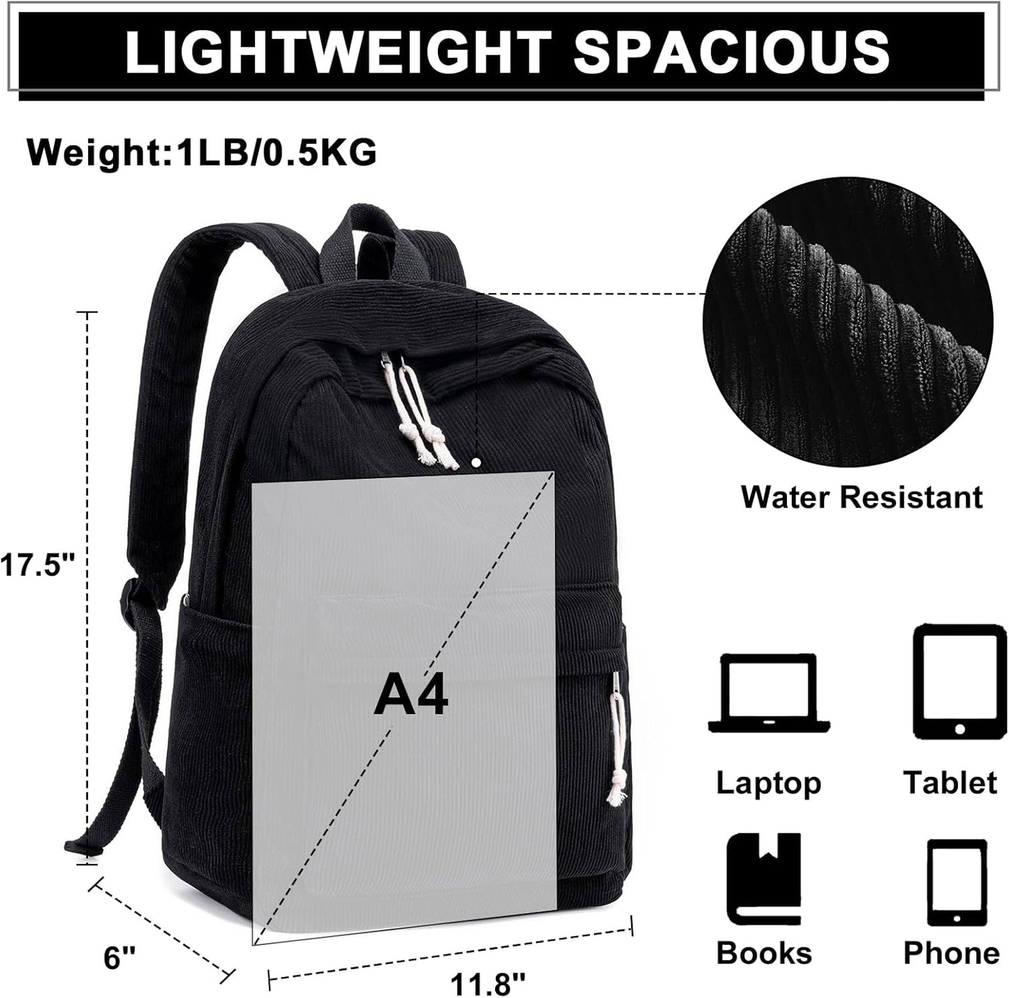 School Backpack for Teen Girls Bookbags Elementary High School Corduroy Laptop Bags Women Travel Daypacks