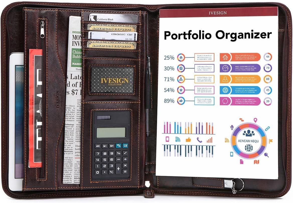 IVESIGN Faux Leather Portfolio Padfolio Organizer with Calculator, Writing Pad, Zipper Closure, Tablet Sleeve, Clipboard with Storage, Document Organizer, Business Card Holder, Note Pads- Dark Brown
