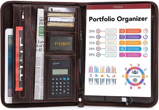 IVESIGN Faux Leather Portfolio Padfolio Organizer with Calculator, Writing Pad, Zipper Closure, Tablet Sleeve, Clipboard with Storage, Document Organizer, Business Card Holder, Note Pads- Dark Brown