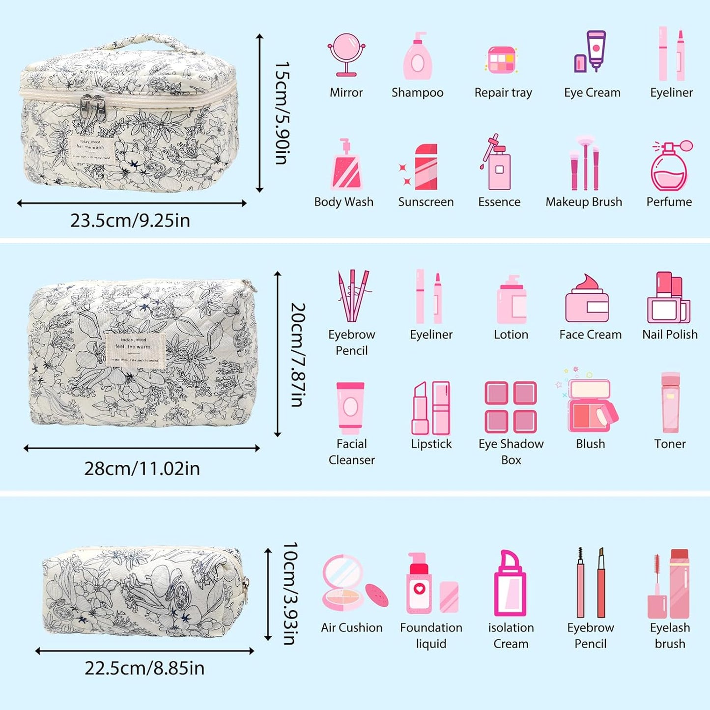 Quilted Makeup Bag, Large Capacity Travel Cosmetic Bag for Women and Girls, Aesthetic Storage for Daily and Travel Use (3pcs-BlackFloral)