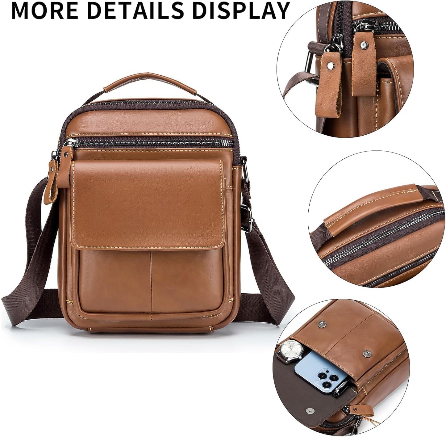 Men’s Genuine Leather Messenger Bag – Small Crossbody Shoulder Purse for Casual & Business