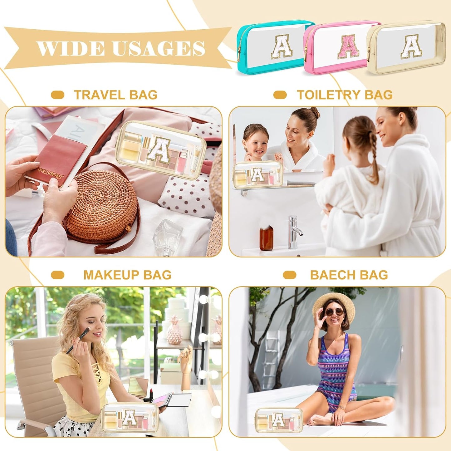 Personalized Initial Letter Clear Makeup Bag,Preppy Small Nylon&PVC Cosmetic Zipper Bag with