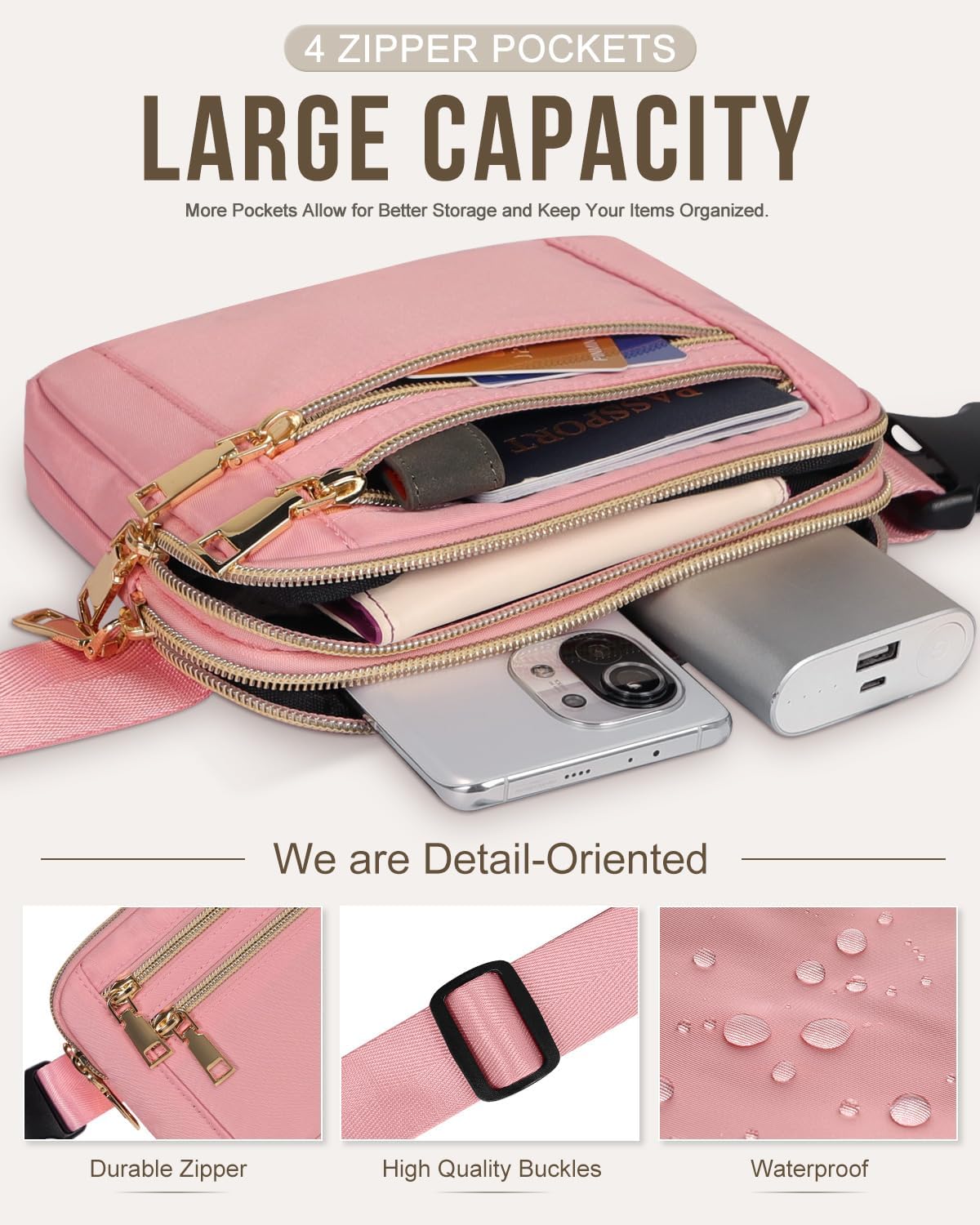 Capolo Fanny Packs for Women Fashion Waist Packs Bag with Adjustable Strap and 4 Zipper Pockets Waterproof Everywhere Crossbody Belt Bag for Workout Running Travelling(Pink, Large)