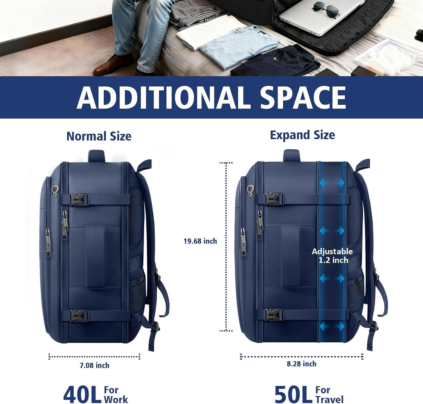 Travel Backpack, Extra Large 50L Flight Approved Carry on Backpack, Expandable Waterproof Business Suitcase Daypack Big Bag Fits 18.4 Inch Laptop, Blue