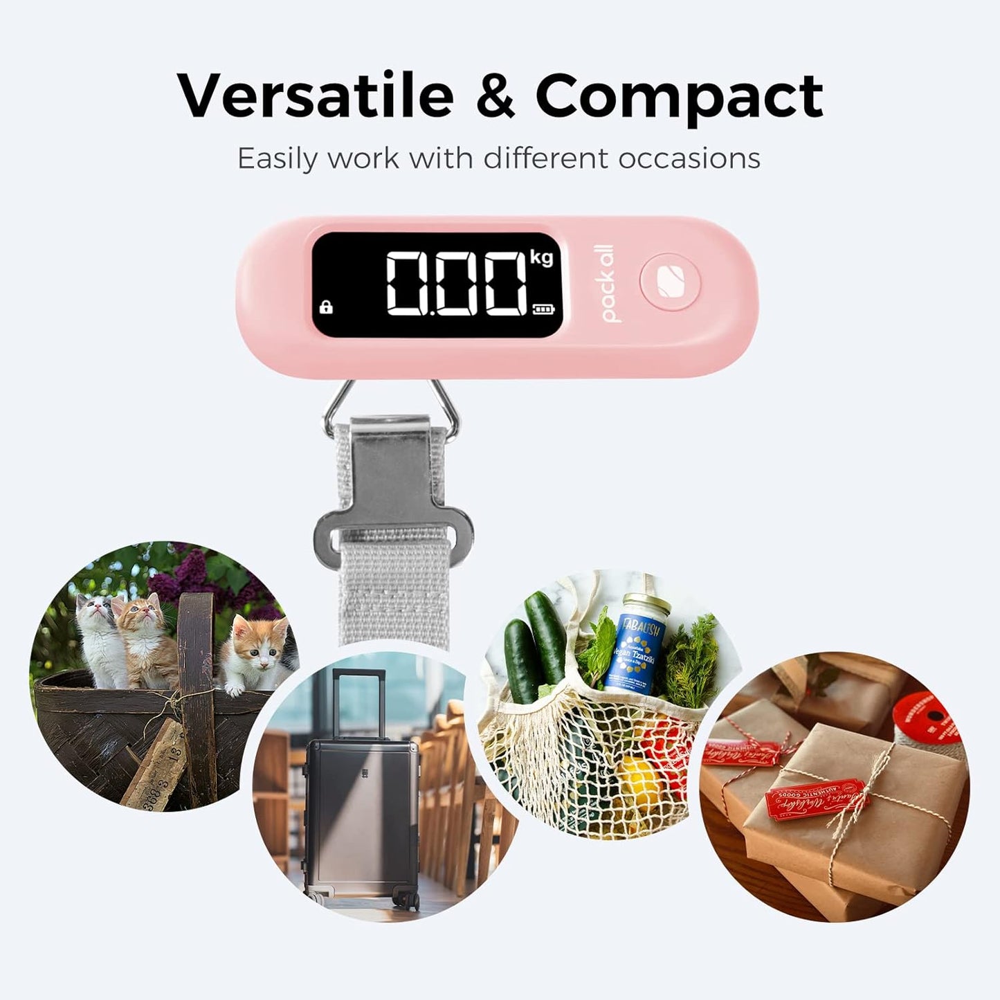 pack all 110 Lbs Luggage Scale, Digital Handheld Baggage Scale, Travel Suitcase Weight Scale with LCD Display, Battery Included, Pink