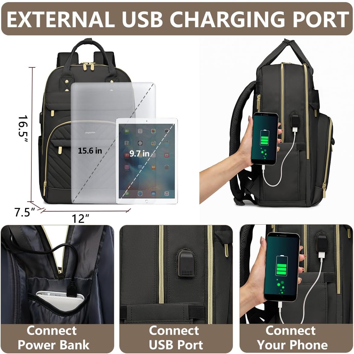 Laptop Backpack for Women Work Bag - 15.6 inch Black Travel Backpack College Backpack with USB