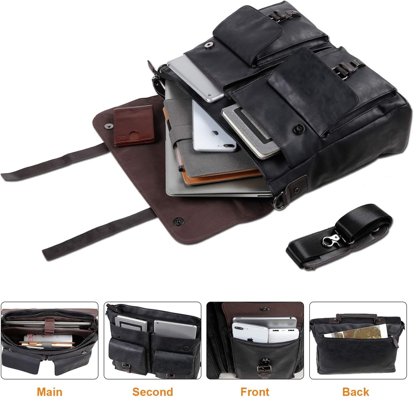 seyfocnia Men's Vintage Black 17.3 Inch Water Resistant PU Leather Laptop Bag, Messenger Bag