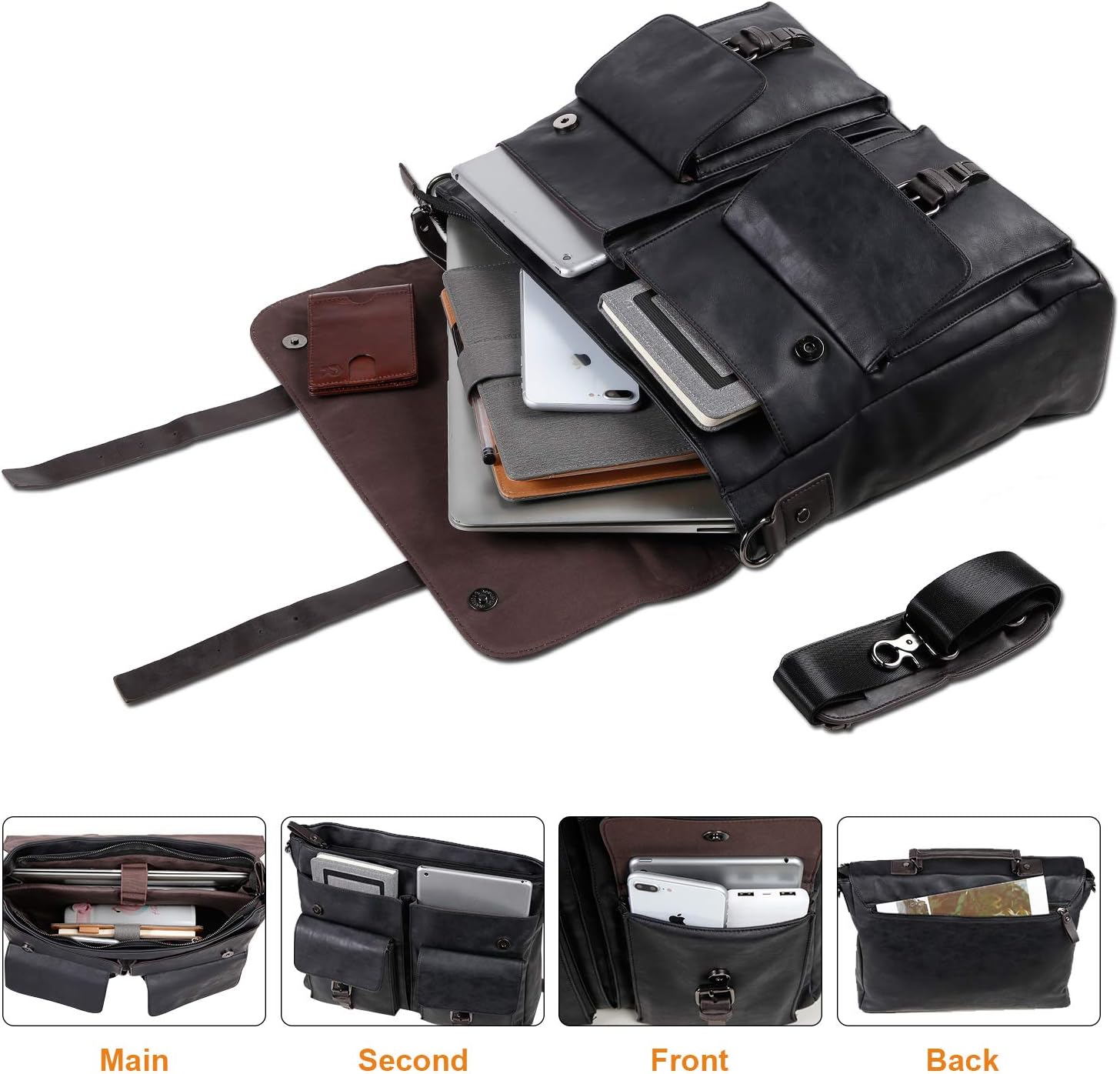 seyfocnia Men's Vintage Black 17.3 Inch Water Resistant PU Leather Laptop Bag, Messenger Bag