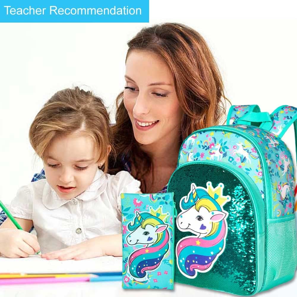 3PCS Girls Backpack, 16" Sequin Prechool Elementary Bookbag and Lunch Box