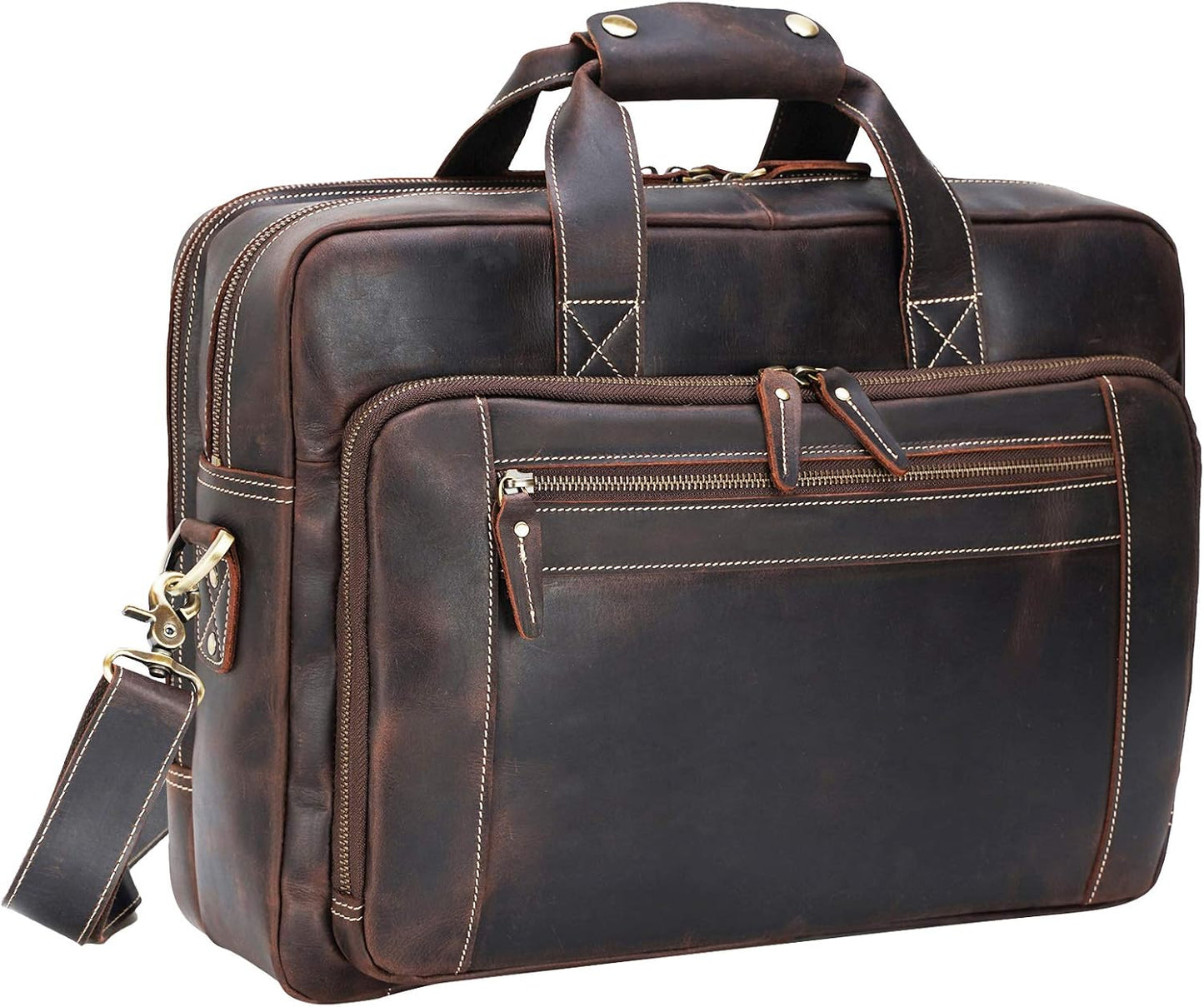 Men's Solid Thick Full Grain Leather 17.3" Laptop Briefcase Classic Messenger Bag Fit Business