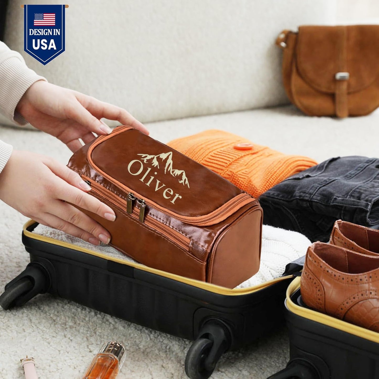 Personalized Leather Toiletry Bag for Men, Engraved Monogrammed Dopp Kit for Men,Travel Pouch,Shaving Bags,Gifts for Birthday,Anniversary,Travel,Dad,Husband,Grandpa,Lover,Groomsmen (STYLE 1)