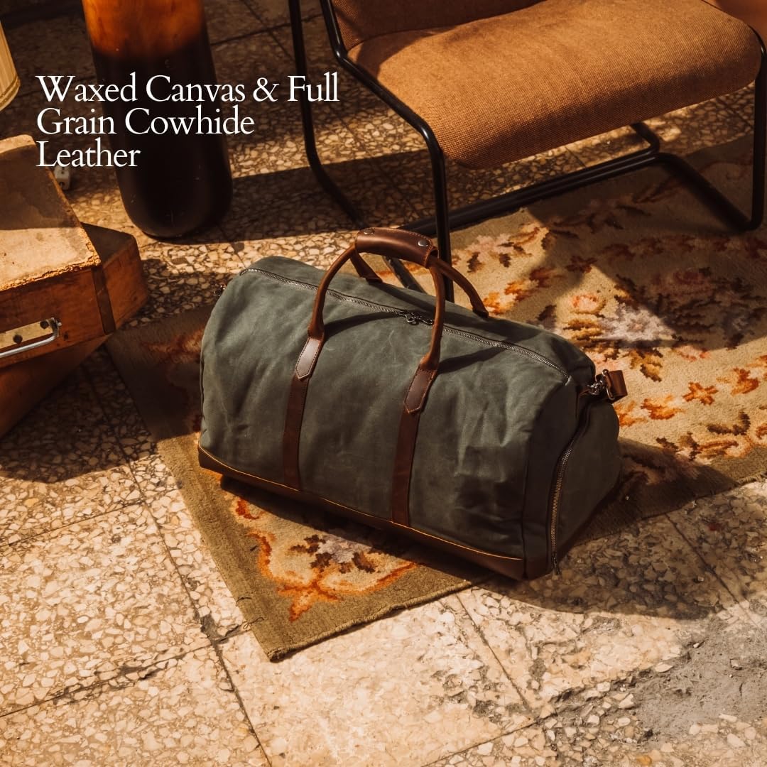 Waxed Canvas Weekender Duffle Bag, Vintage Style Travel Bag with Leather Trim, Army Green (Forest Green)