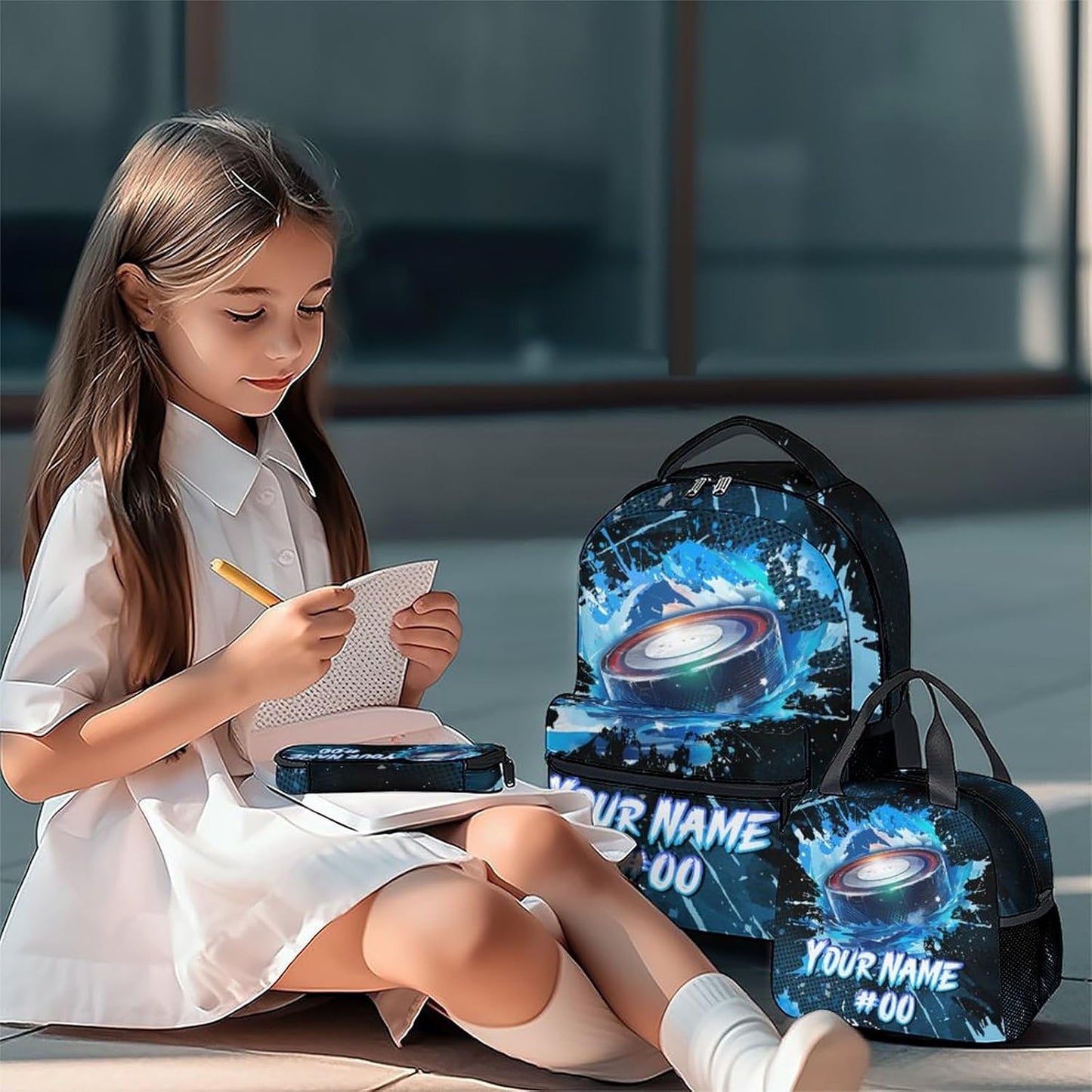 COZYAURA Personalized Backpack - Ice Hockey Backpacks Set for Boys Girls - Kids Bookbag for Elementary Middle School - Cool Field Hockey Theme School Bags with Lunch Bag & Pencil Case
