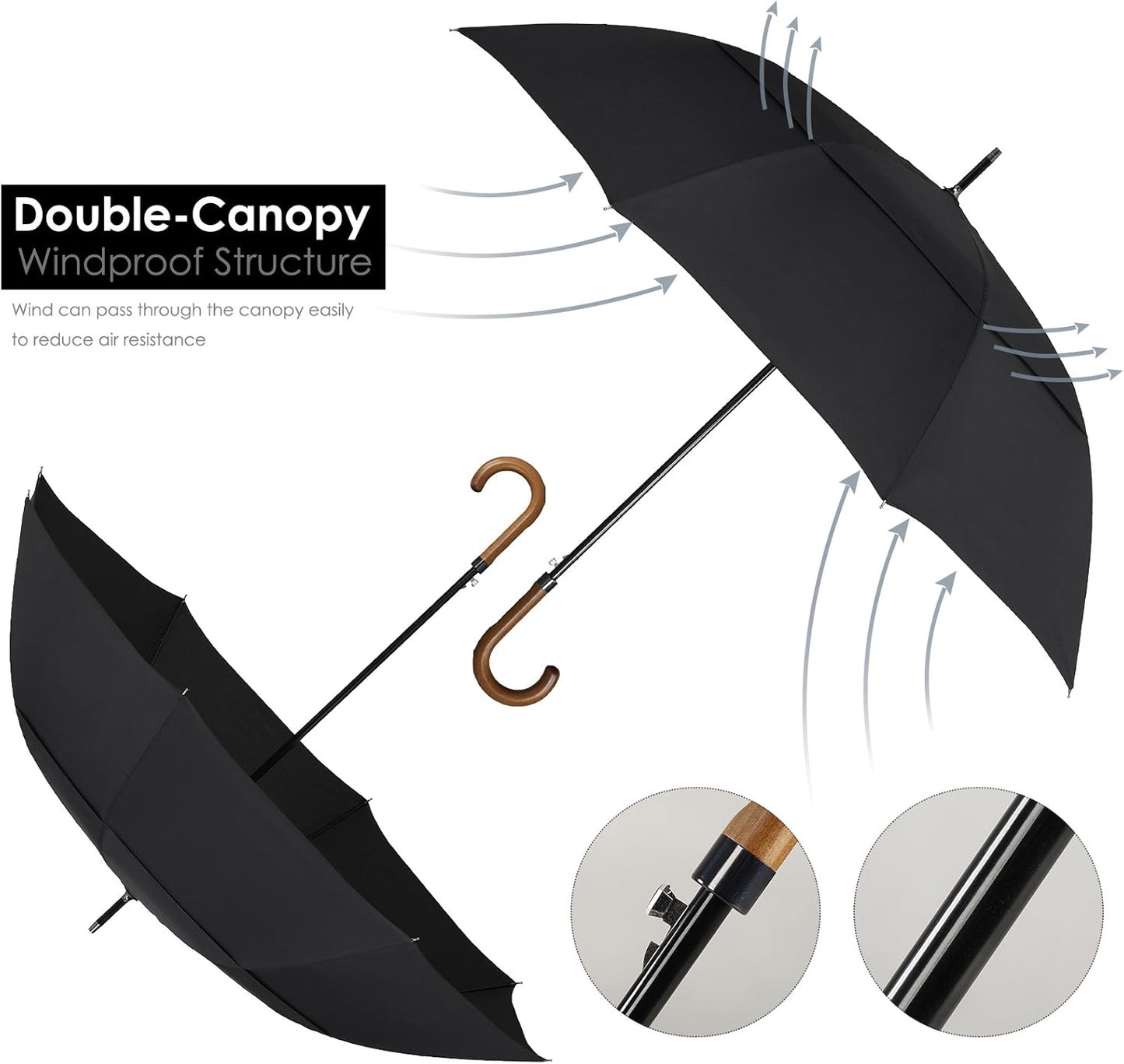 ZEKAR 62-inch Wooden J Handle Golf Umbrella, Classic Double Canopy Windproof Large Auto Open Rain Stick Umbrellas (60inch-black)