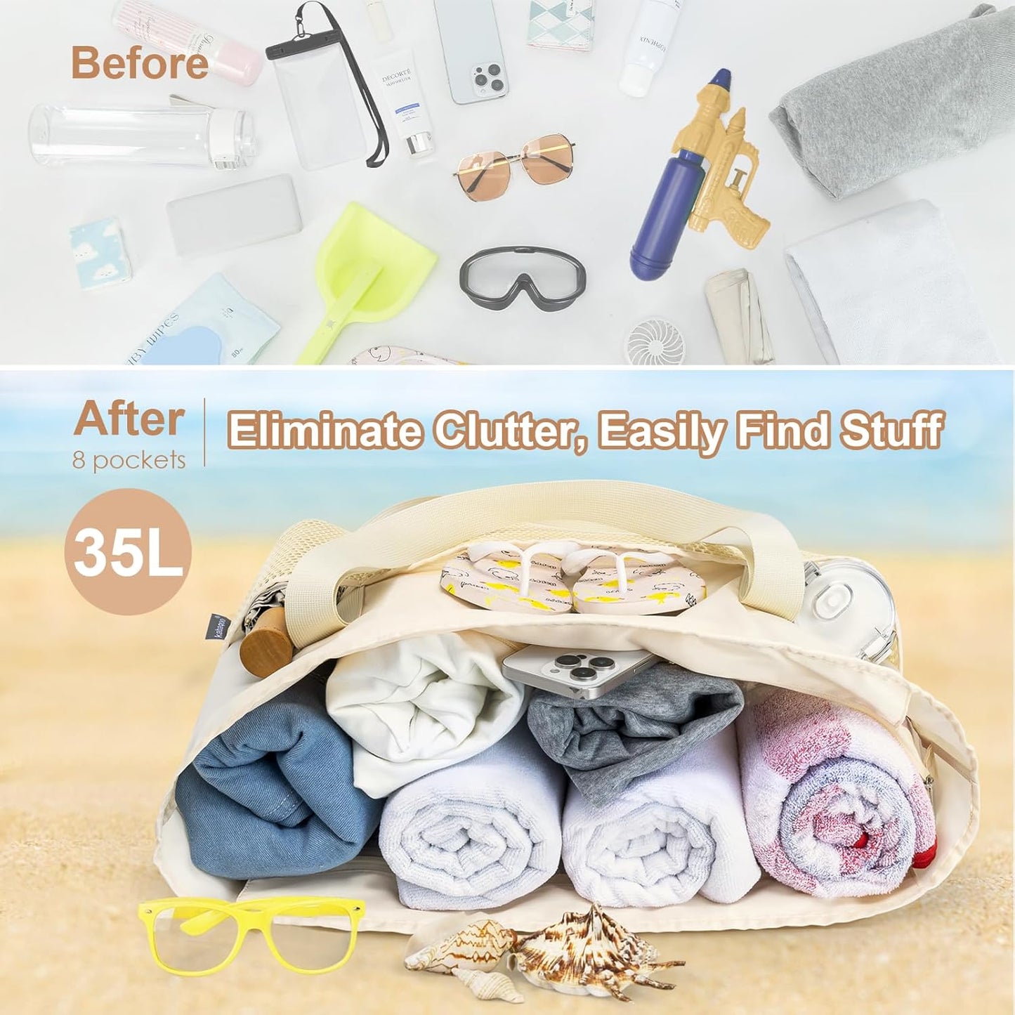 KABAQOO Large Beach Bag Waterproof Sandproof Tote Bag for Women with Zipper & Mesh Pockets for Pool Swim Travel Everyday
