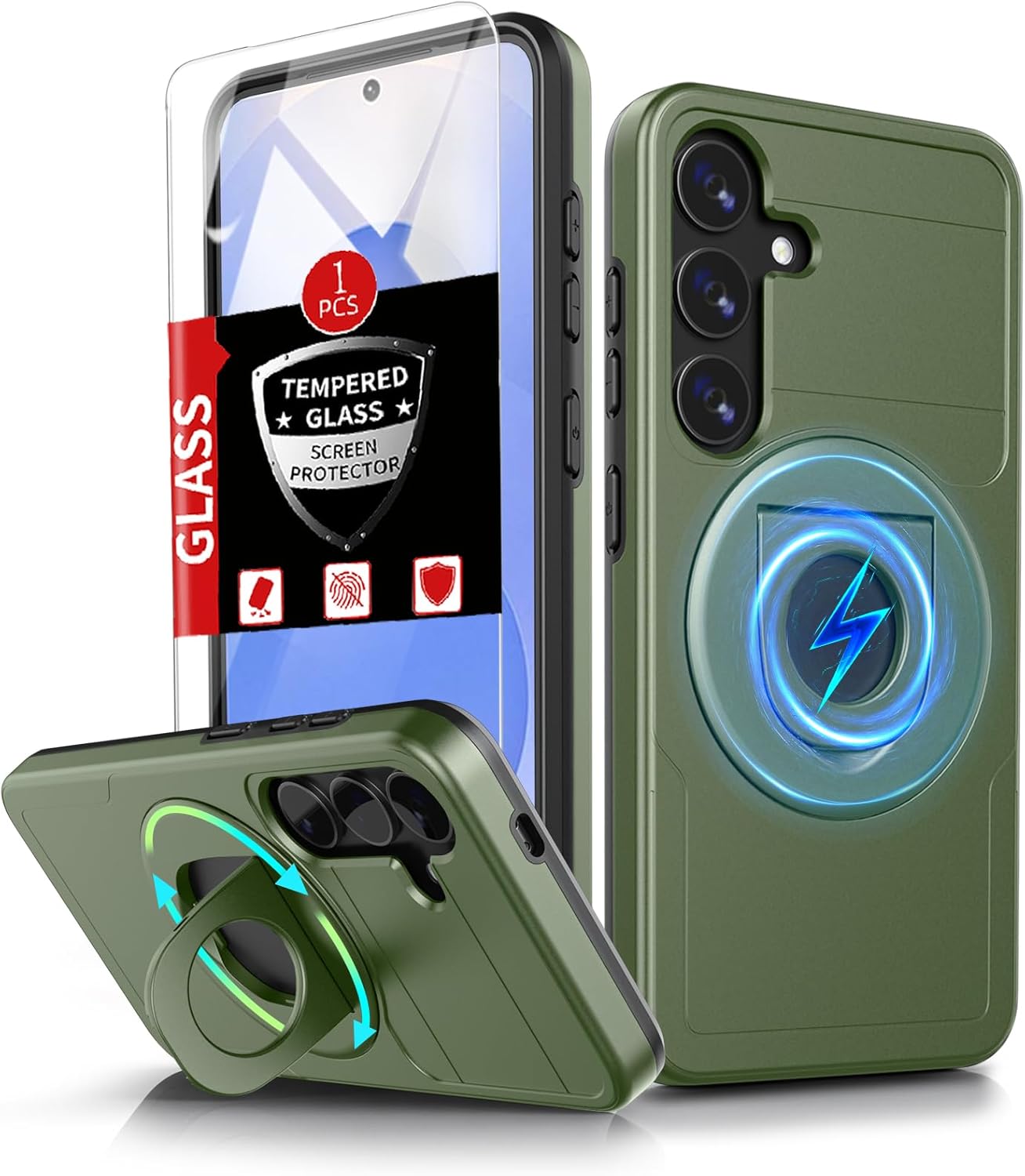 for Samsung Galaxy S25 Case Magnetic Compatible with MagSafe Wireless Charging,with Screen Protector,for S25 Phone Case with Kickstand Ring Anti-Scratch Shockproof Heavy Duty Protection Green