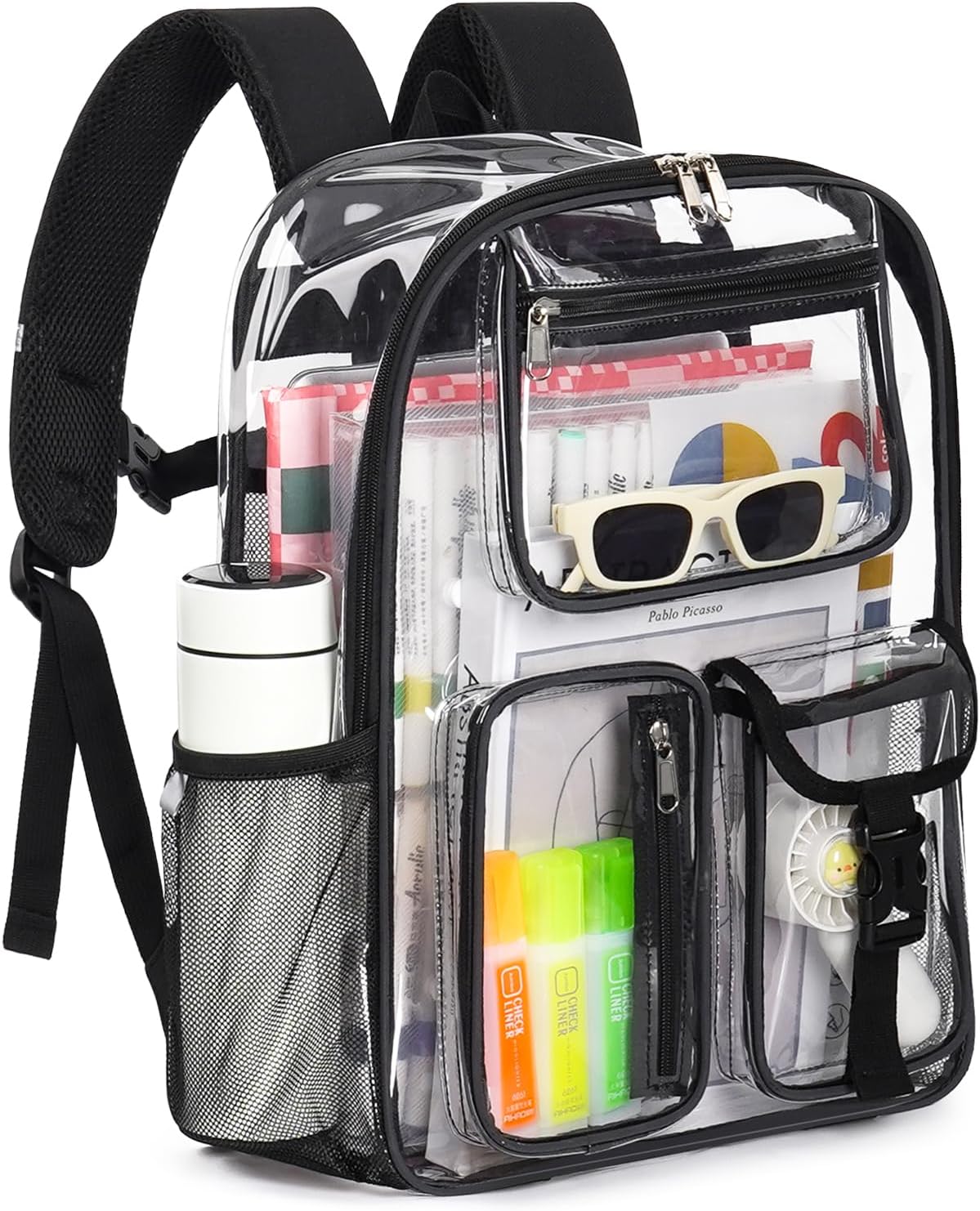 Heavy Duty Clear Backpack For School, 17 Inch Large Clear Bookbag For Kids Boys Girls Women Men, 360° 3M Reflective Strips See Through Backpack, Multi-Pockets Tranparent Bag, College Work, Black