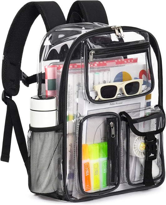 Heavy Duty Clear Backpack For School, 17 Inch Large Clear Bookbag For Kids Boys Girls Women Men, 360° 3M Reflective Strips See Through Backpack, Multi-Pockets Tranparent Bag, College Work, Black