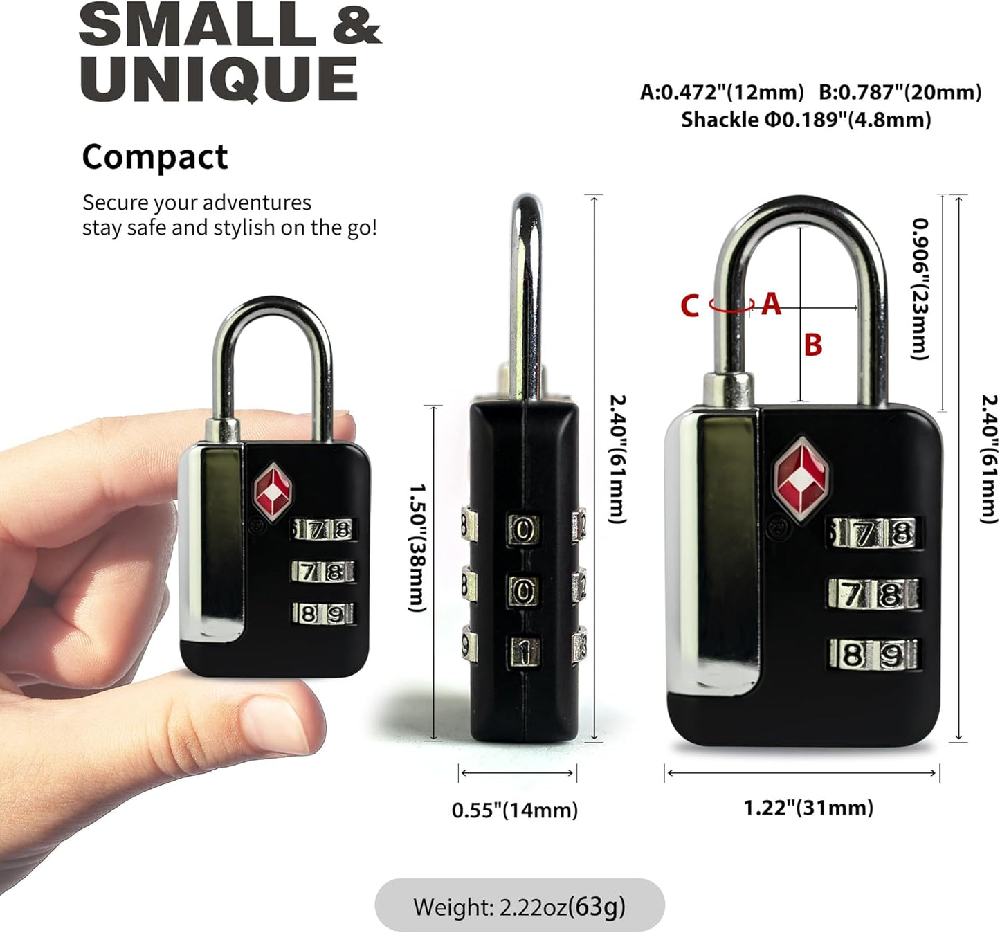 TSA Locks for Luggage, Small Combination Lock for Locker, 3 Digit Padlock Combination, TSA Approved Combo Padlocks for Gym Locker, Travel Suitcase, Gun Case, Storage Box, Backpack Zipper