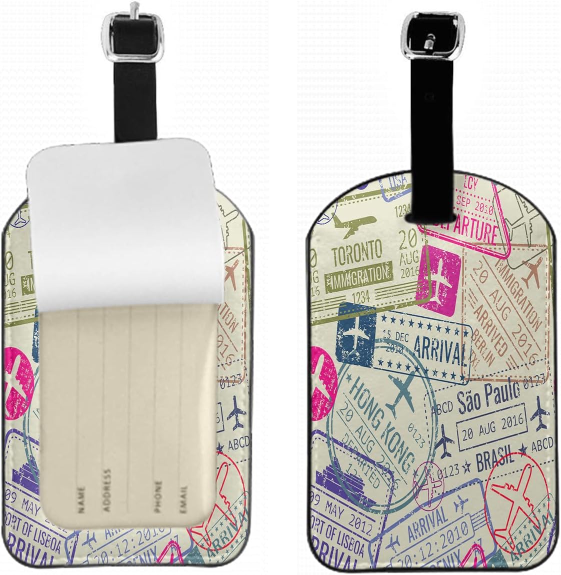 Passports Suitcase Identify Labels Stamps Tourist Visas Airplanes Ships Luggage Tags with Sturdy Buckle Straps Privacy Flap for Women Men, 1 Pack