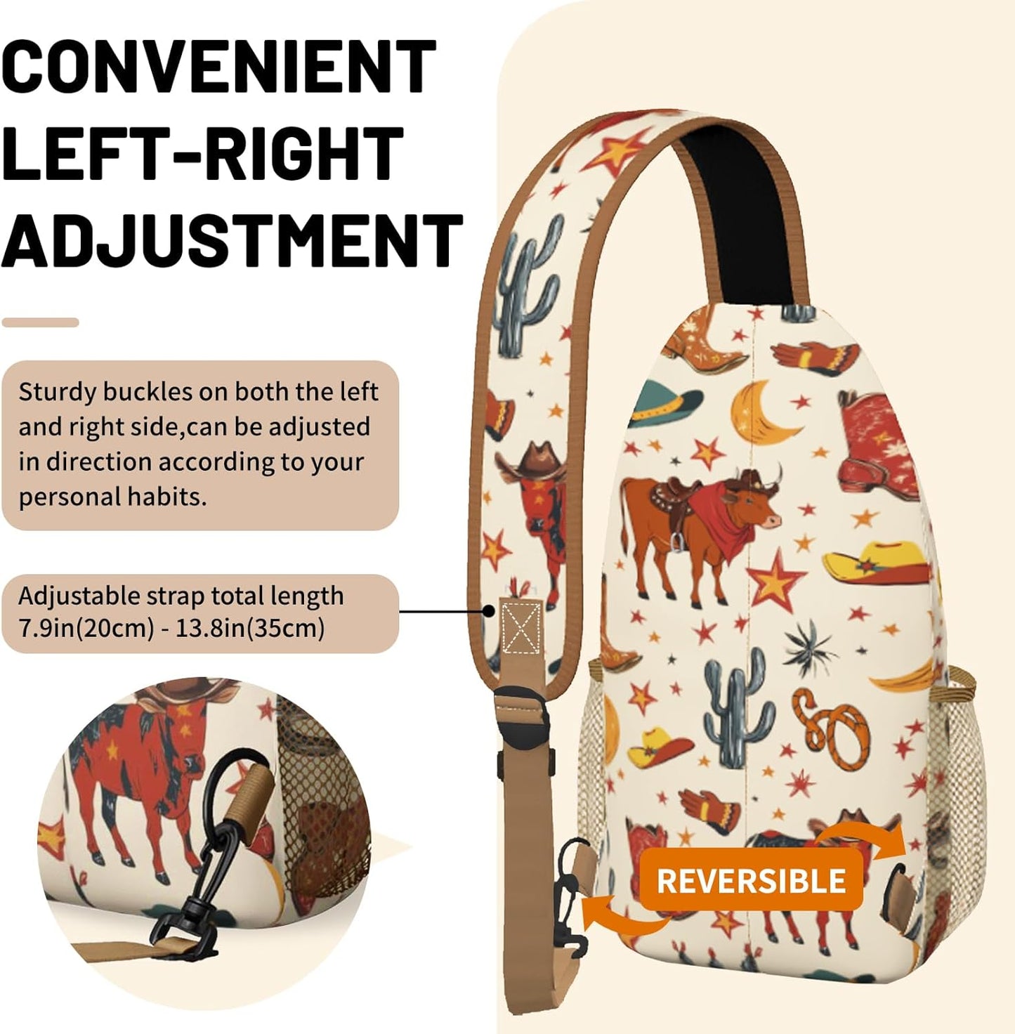 Brown Western Sling Bag Crossbody Chest Bag for Women Men, Water Resistant Lightweight Casual