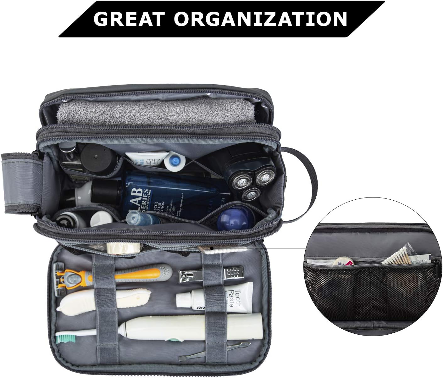 BAGSMART Toiletry Bag for Men, Travel Toiletry Organizer Dopp Kit Water-resistant Shaving Bag for Toiletries Accessories, Door Room Essentials,Grey-medium