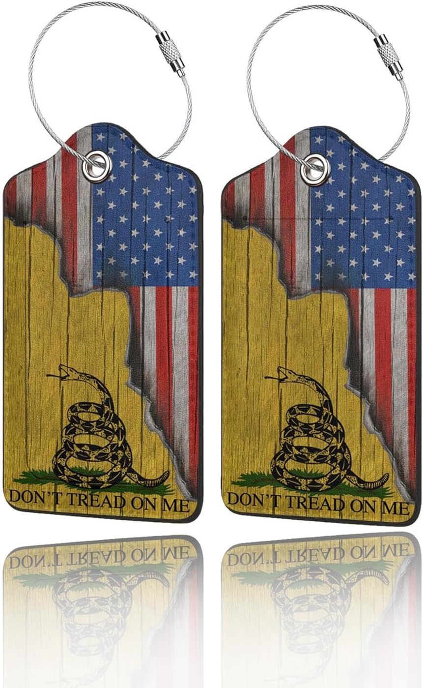 2 Pack Luggage Tags for Suitcase, Privacy Cover ID Label with Stainless Steel and Address Card for Travel Bag Backpack Cruise Ship Essentials Tag Women Men - Don't Tread On Me American Flag