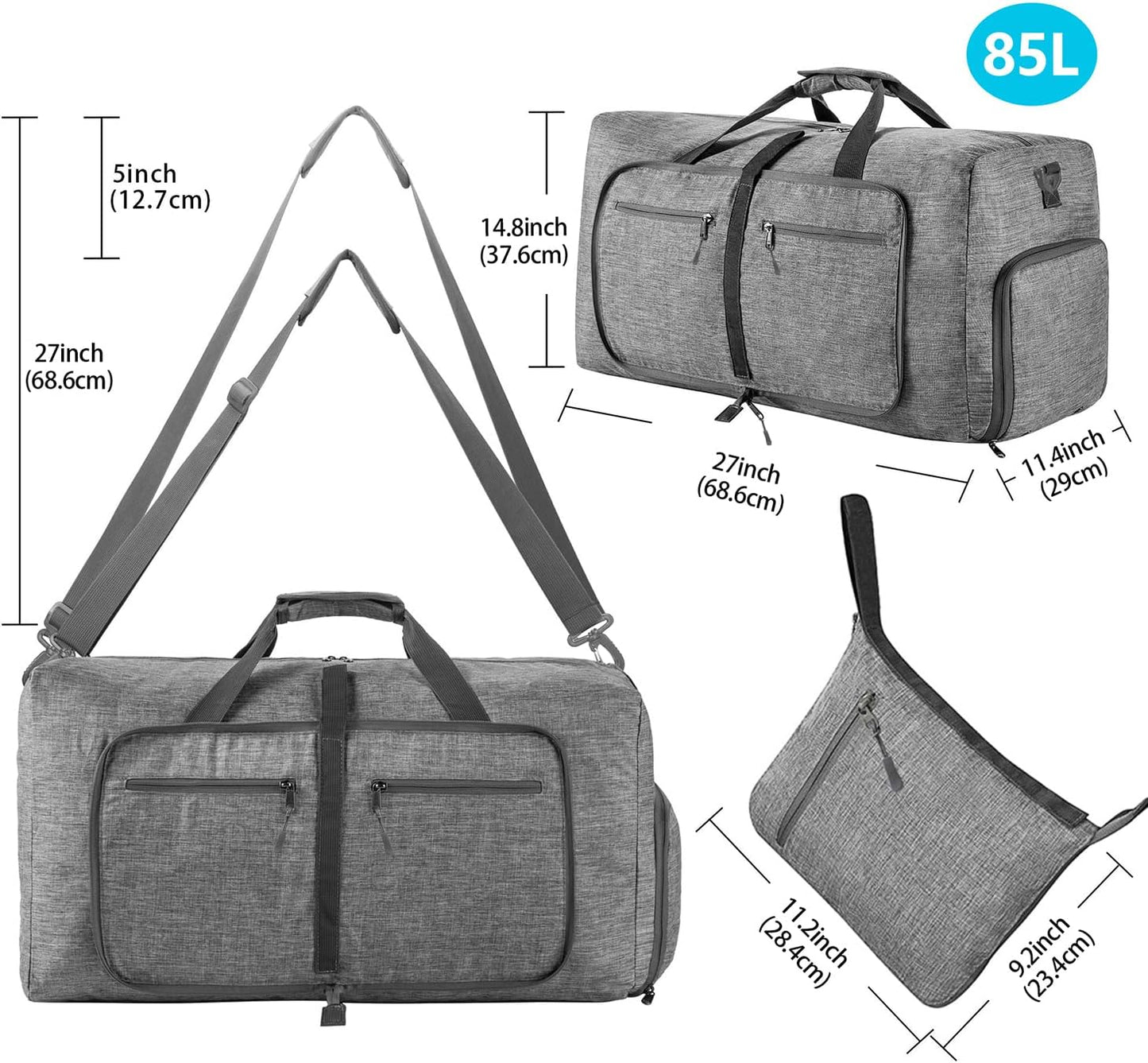 Vomgomfom 65L/85L/115L Foldable Travel Duffle Bag, Lightweight Checked Luggage with Shoe Compartment, Water-Resistant Weekender Overnight Bag for Men & Women