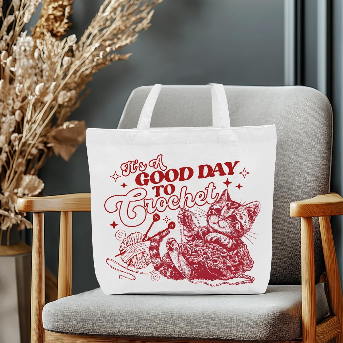 Crochet Knitting Humor Yarn Gifts Canvas Tote Bag, Reusable Grocery Shopping Bags for Crocheters Christmas