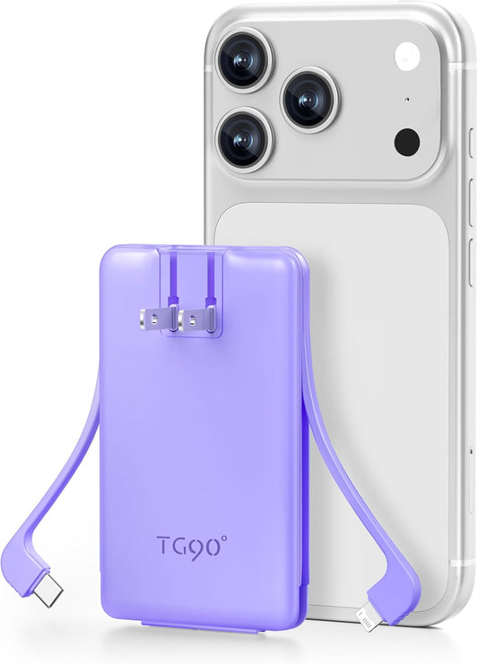 TG90° Ultra Slim 5000mAh Power Bank Built-in AC Wall Plug and Cables, Pocket Size USB C Portable Charger, External Battery Pack Compatible with iPhone 17 16 15 14 13 12 Samsung S22 S21 Google iPad