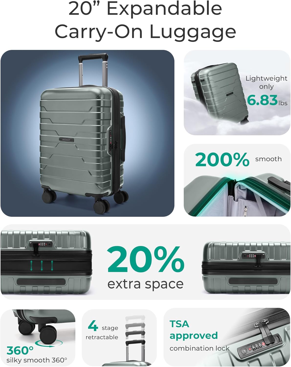 BAGSMART Carry On Luggage 22x14x9 Airline Approved with Spinner Wheels,Lightweight 20 Inch Luggage with TSA Lock,Expandable Hard Shell Carry On Suitcases for Men Women,Olive