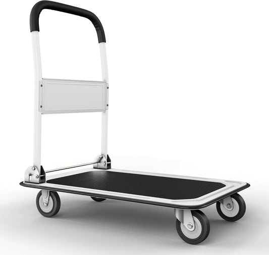 Heavy Duty Foldable Push Cart Dolly | 330 lbs. Capacity | Upgraded Collapsible Hand Truck Folding Platform with Swivel Wheels | Flat Bed Moving Wagon | Space Saving Push Handle (White)