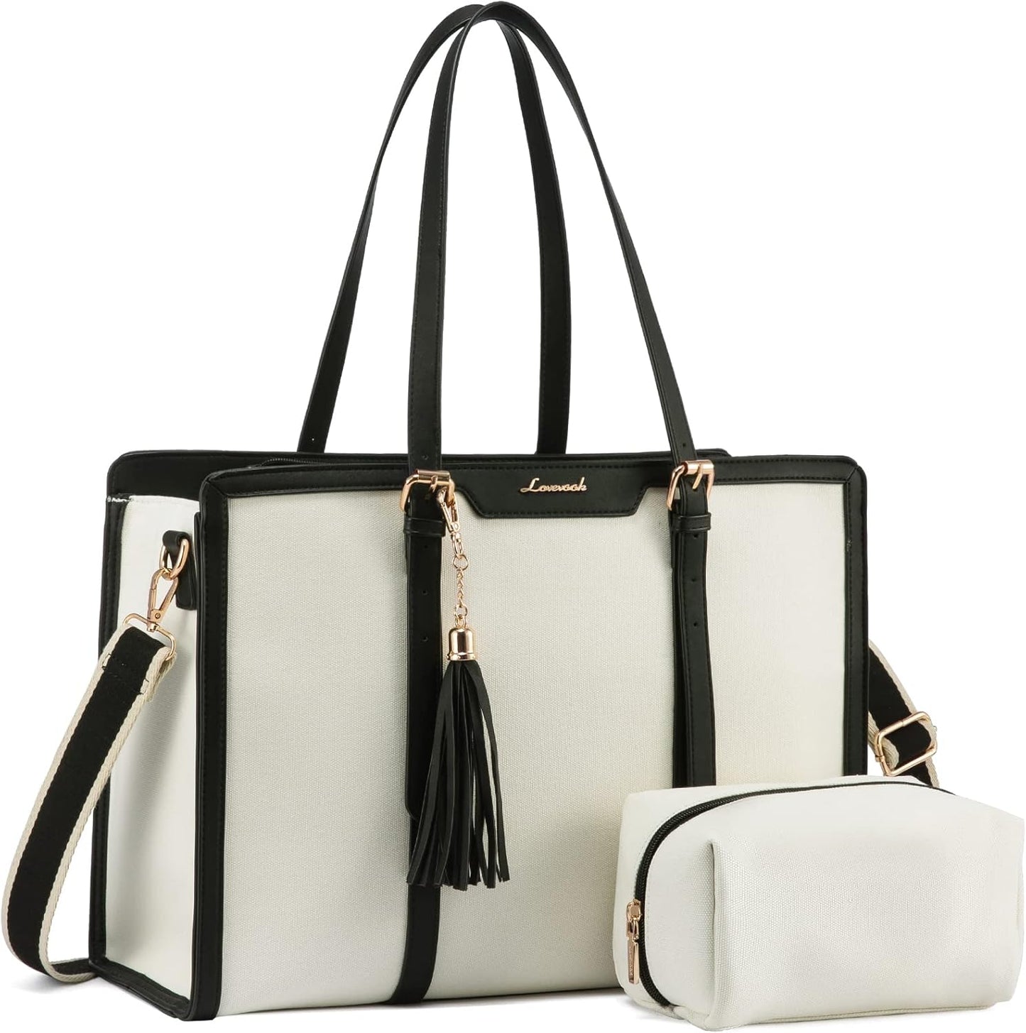 LOVEVOOK Laptop Bag for Women - 17 inch Lightweight Canvas Laptop Tote, Large Capacity Computer Bag with Clutch Purse for Business, Work, Travel, School (Beige & Black, 17 Inch)