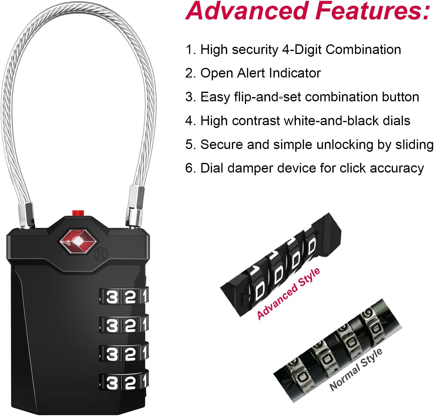 ZHEGE TSA Approved Locks for Luggage, Cable Locks with White Number, 4 Digit Combination Locks with Inspection Indicator for Suitcase, Backpack, Baggage, Code Padlocks for Locker (2 Pack, Black)