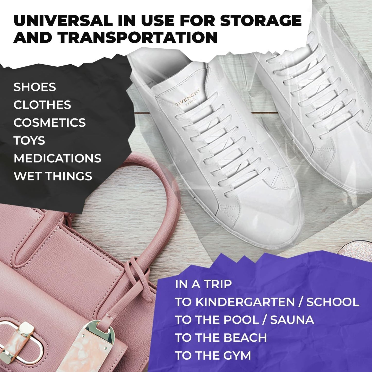 Clear Drawstring Travel Bag for Shoes. Waterproof Dust Bags for Shoes with Double Cotton Drawstrings. 2 mil PE Plastic Drawstring Bags for Packing, Storage
