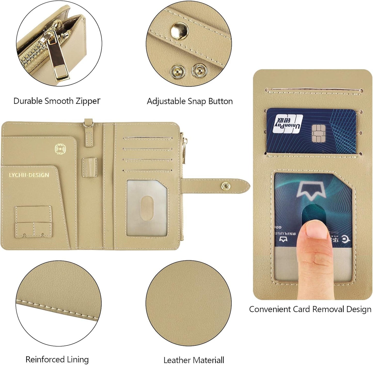 Real Leather Wallet Waterproof RFID Passport Holder Family Travel Black (Khaki)