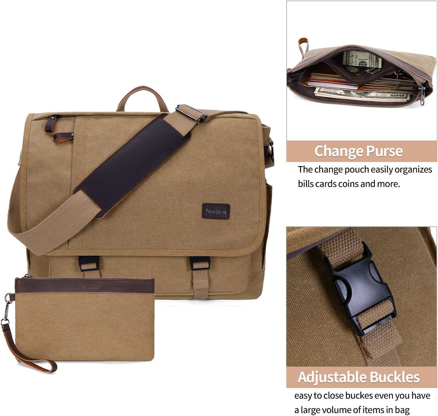 Nerlion Messenger Bag for Men 17-17.3 Inch Laptop Bag Canvas Water-resistant Computer Bag Shoulder